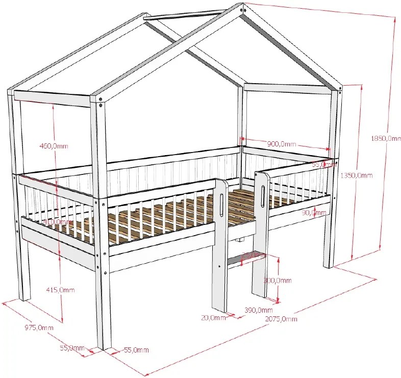 Pat Căsuță Elevat Forrest Oak pentru Camera Copii, 90x200 cm, cu Scară și Spațiu de Depozitare, din Lemn Masiv de Stejar, Natur – Vipack