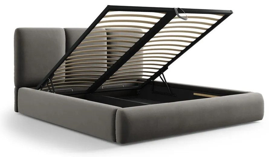 Pat matrimonial gri tapițat din catifea cu spațiu de depozitare cu somieră 200x200 cm Brody – Mazzini Beds