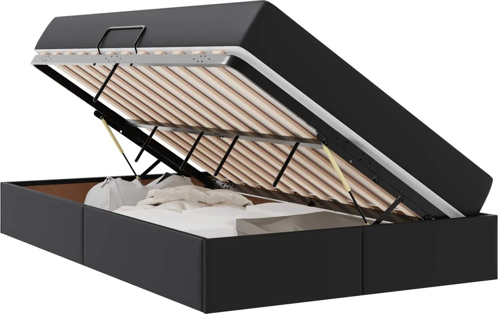 vidaXL Pat cu saltea și spațiu de depozitare 2 pcs Negru Piele