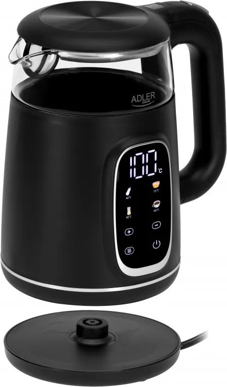 Cana electrica Adler AD 1305 BS, 1850/2200 W, 1,7 L, Control tactil, Afisaj LCD color, 5 setari de temperatura 40-100°C, Filtru anticalcar, Negru/Gri