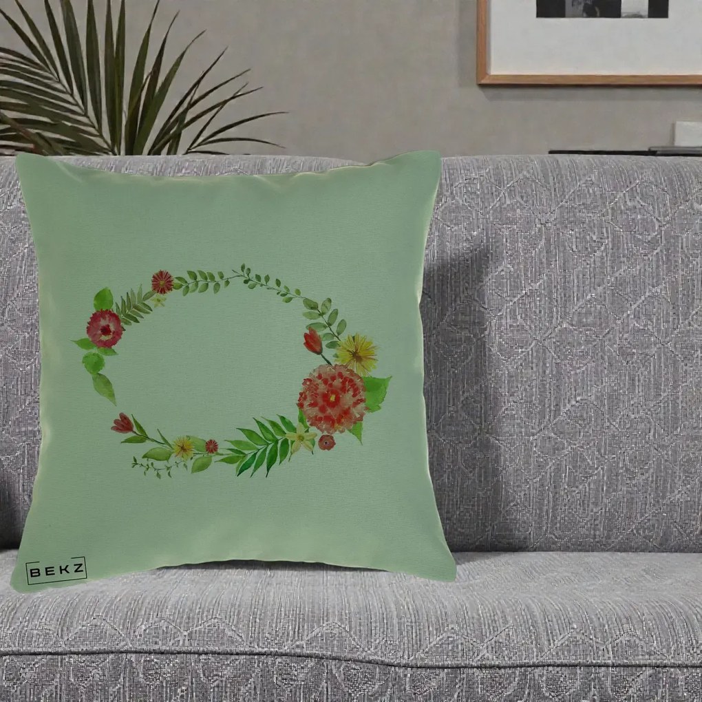 Perna Decorativa Coroana Florala Acuarela, 40x40 cm, Verde, Husa Detasabila, Perna Inclusa, BEKZ®