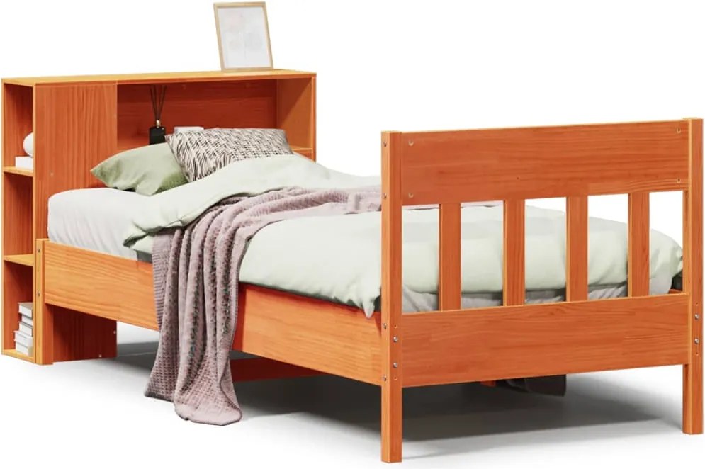 vidaXL Pat bibliotecă fără saltea maro ceruit 75x190 cm lemn masiv pin