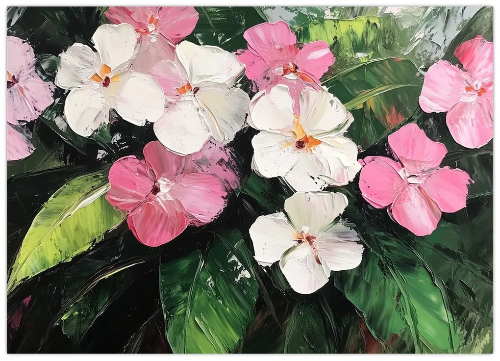 Tablou pe sticlă - Flori roz și albe (70x50 cm)