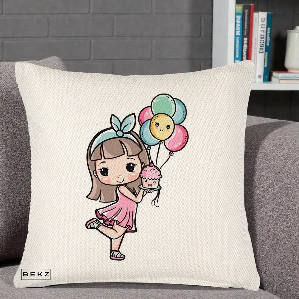 Perna Decorativa Fetita Kawaii cu Baloane si Cupcake, 40x40 cm, Crem Reliefat, Husa Detasabila, Perna Inclusa, BEKZ®