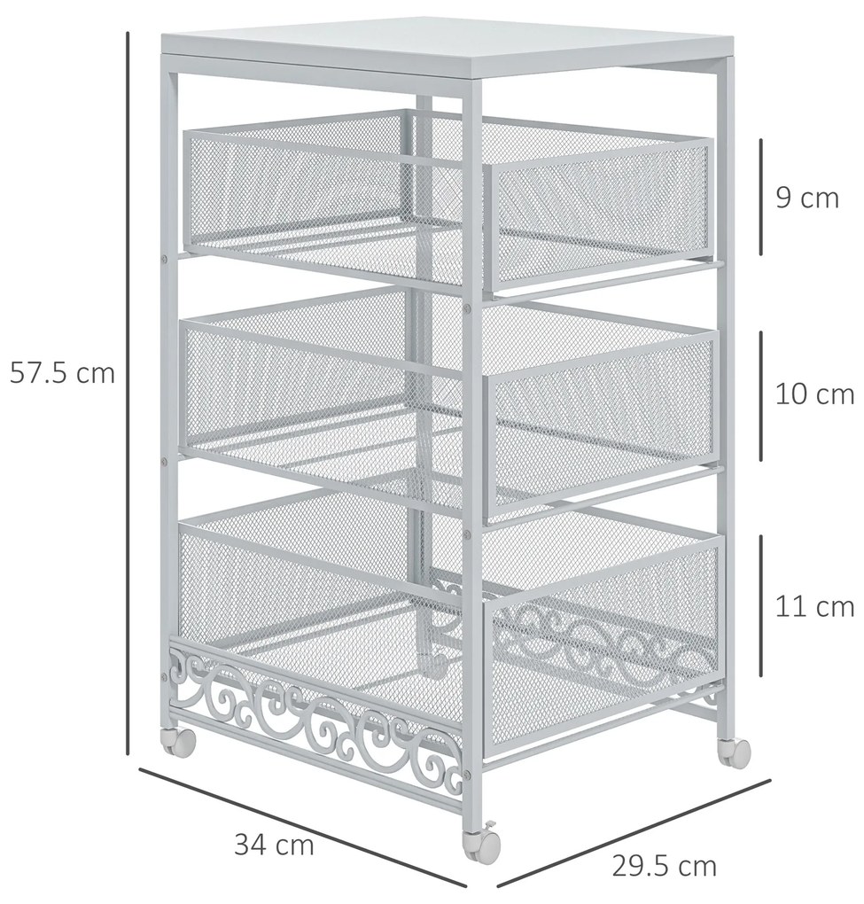 HOMCOM Cărucior de Depozitare pe Roți, Cărucior Utilitar Rulant cu 3 Tăvițe de Plasă pentru Camera de Zi, 34x29,5x57,5 cm, Alb | Aosom Romania