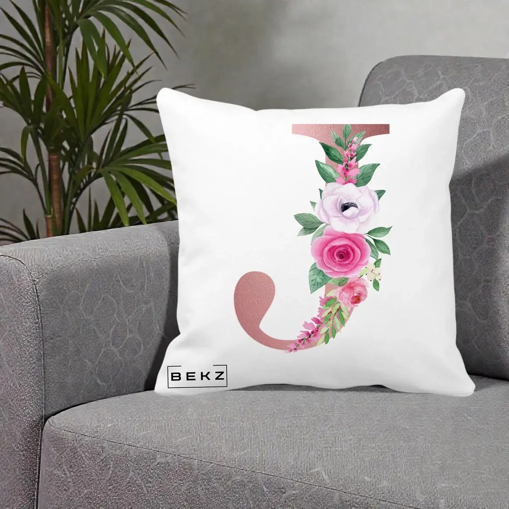 Cadou Personalizat - Perna Personalizata Monograma Rose Gold Litera J, 40x40 cm, Alba Mata, Husa Detasabila, Perna Inclusa, BEKZ®