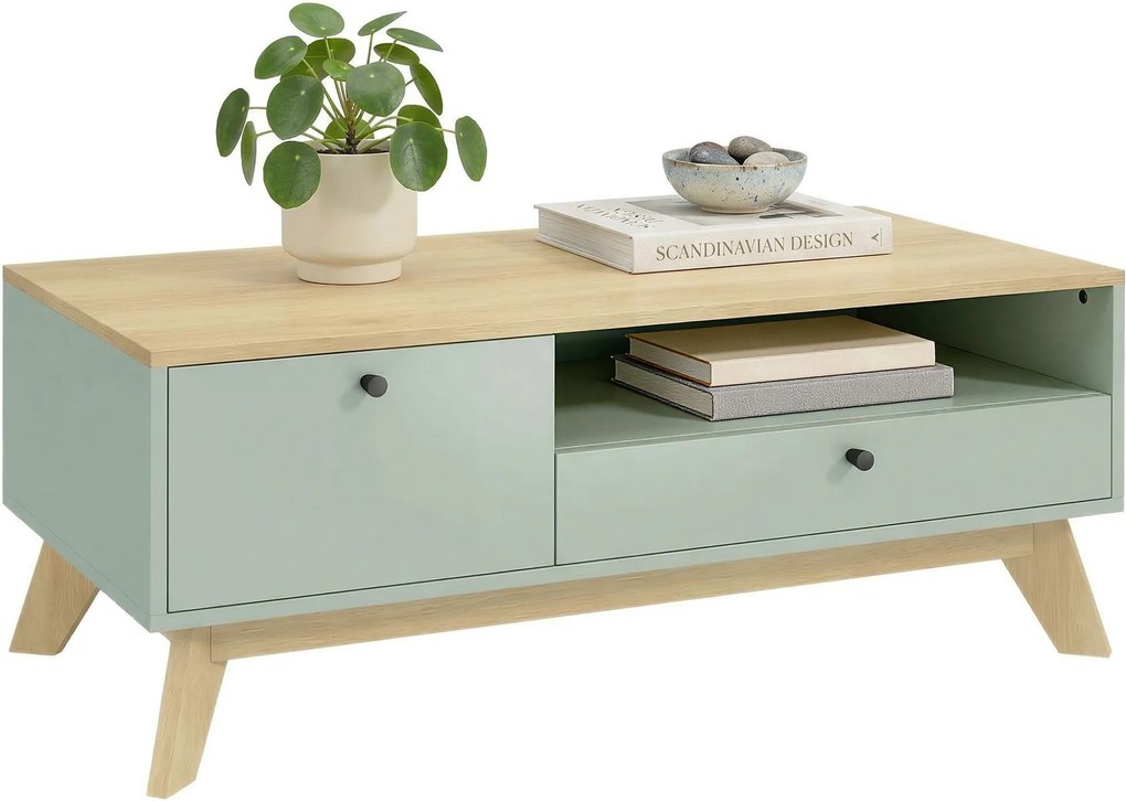 HOMCOM Masă de cafea pentru living, măsuță dreptunghiulară cu sertar, ușă și compartiment deschis, verde deschis și stejar | Aosom Romania
