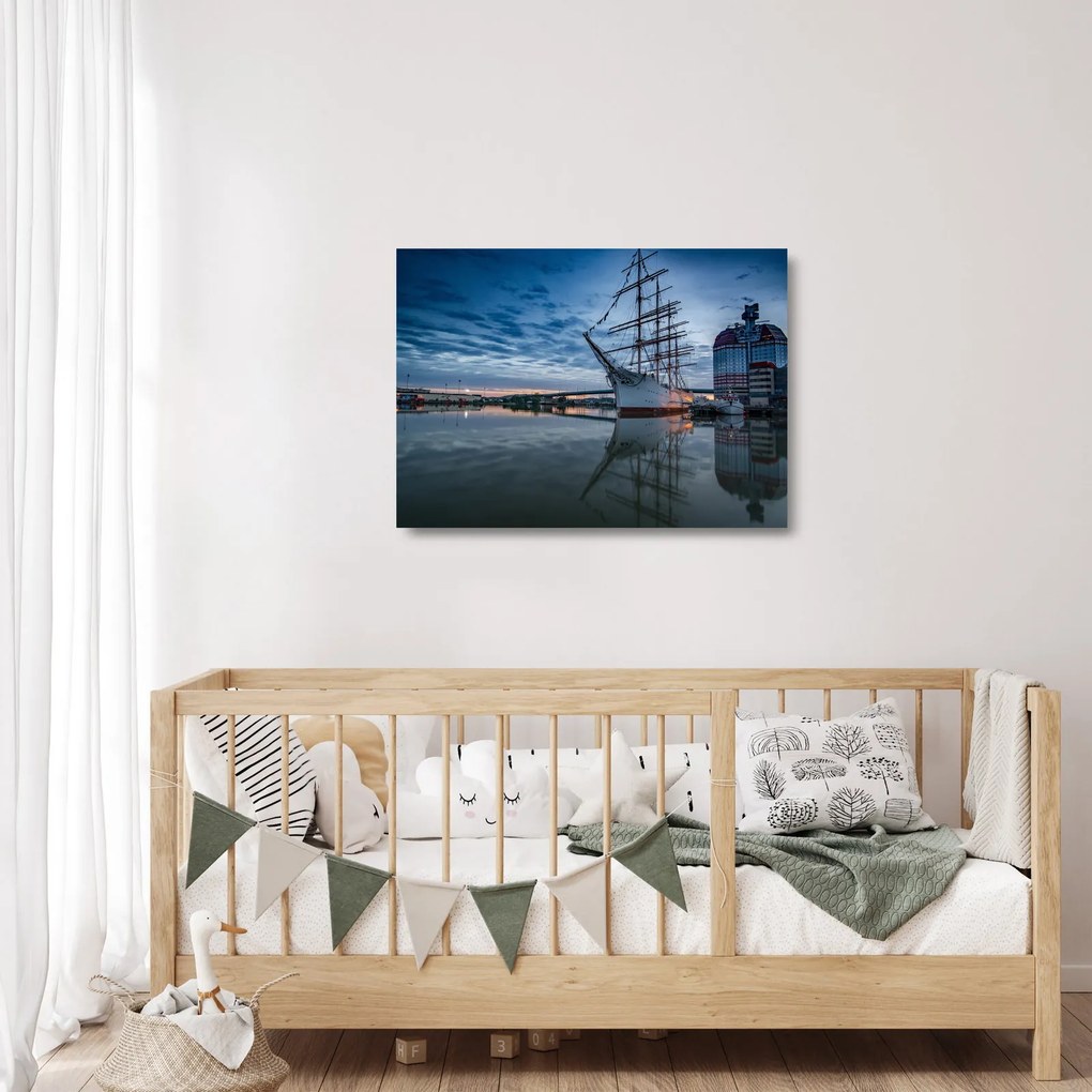Tablou pe sticlă cu barcă cu pânze (70x50 cm)