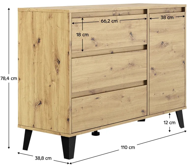 Comoda BOGAN 1D3S, stejar artisan