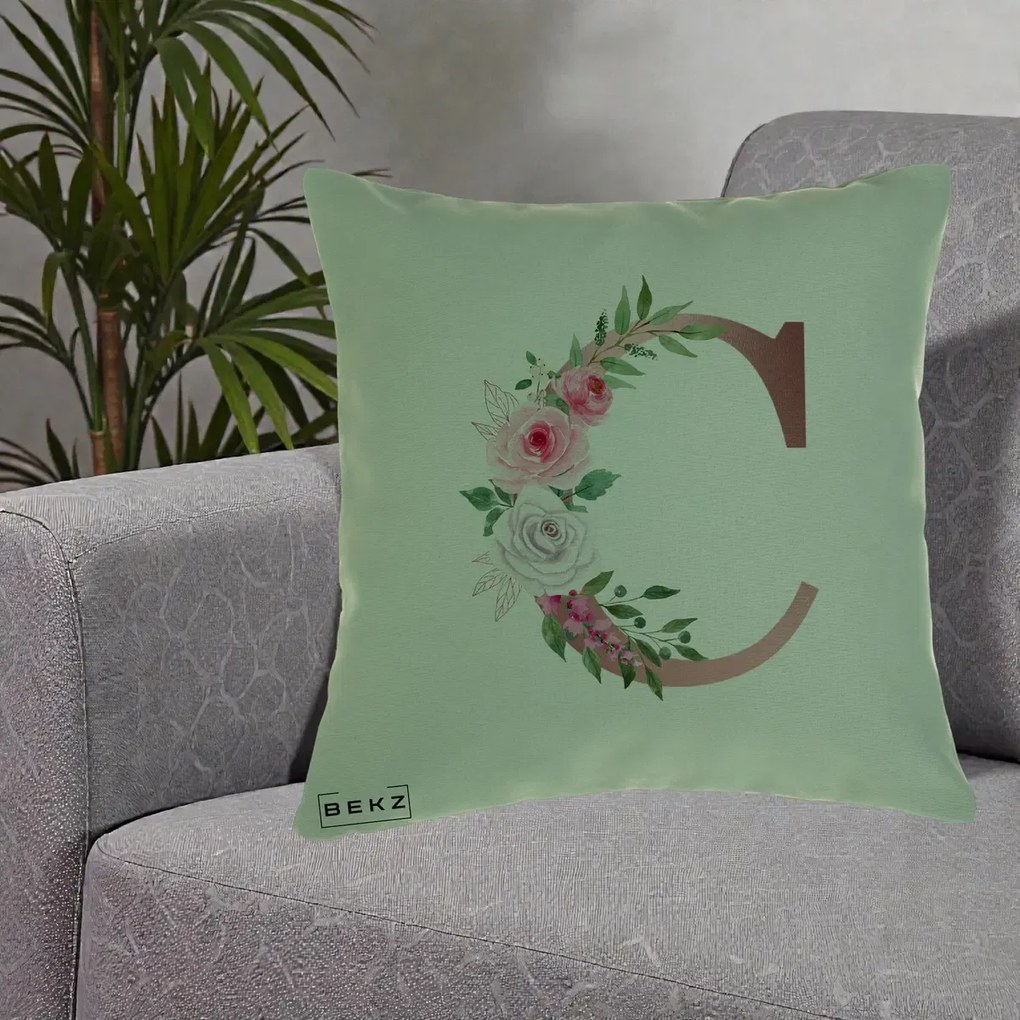 Cadou Personalizat - Perna Personalizata Monograma Rose Gold Litera C, 40x40 cm, Verde, Husa Detasabila, Perna Inclusa, BEKZ®