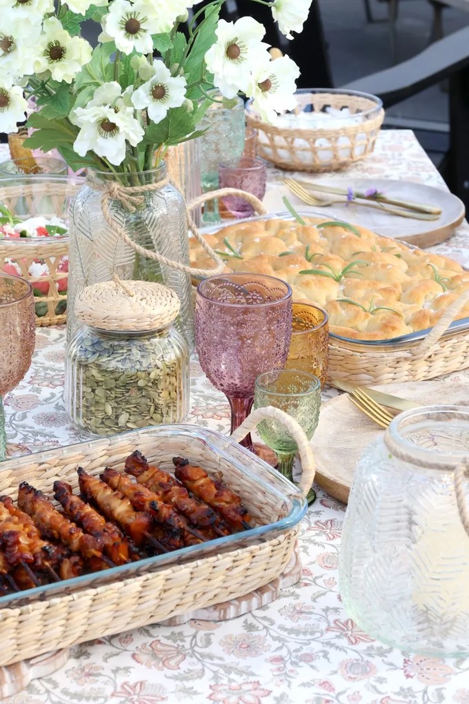 Tavă din sticlă termorezistentă pentru cuptor cu suport din răchită, 34.5×21 cm