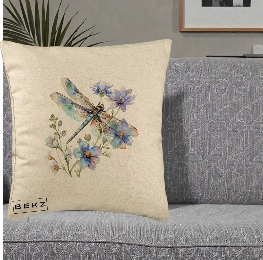Perna Decorativa Libelula Acuarela Flori Albastre, 40x40 cm, Bej, Husa Detasabila, Perna Inclusa, BEKZ®