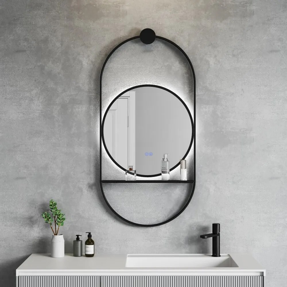 Oglinda cu iluminare si dezaburire Inter Ceramic Savona cu rama neagra 60x124 cm