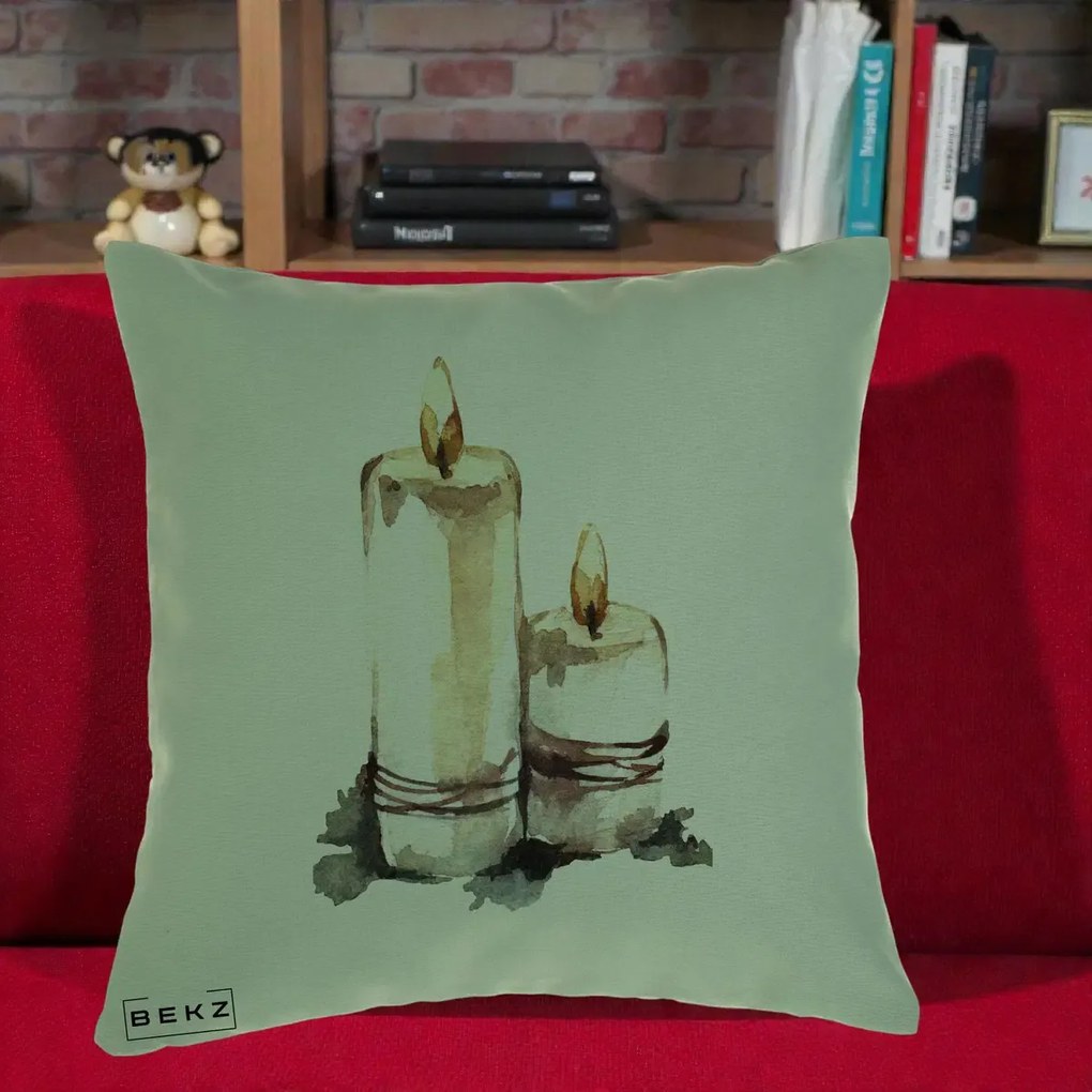 Perna Decorativa Lumanari Acuarela Iarna, 40x40 cm, Verde, Husa Detasabila, Perna Inclusa, BEKZ®