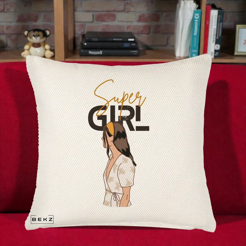 Perna Decorativa Super Girl Aesthetic, 40x40 cm, Crem Reliefat, Husa Detasabila, Perna Inclusa, BEKZ®