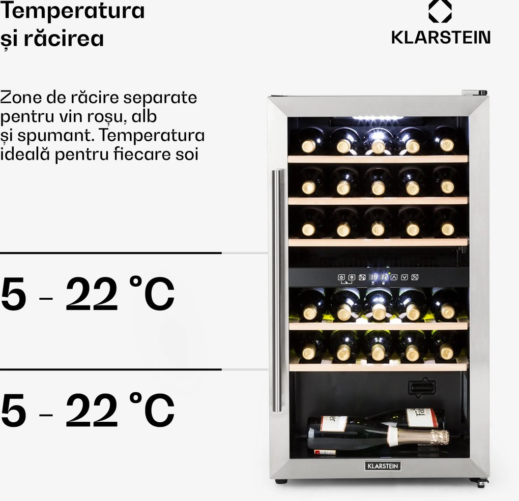 Klarstein Vinamour 29D, răcitor de vinuri, 2 zone, 80 l, 29 sticle, 5 - 22 °C, control tactil