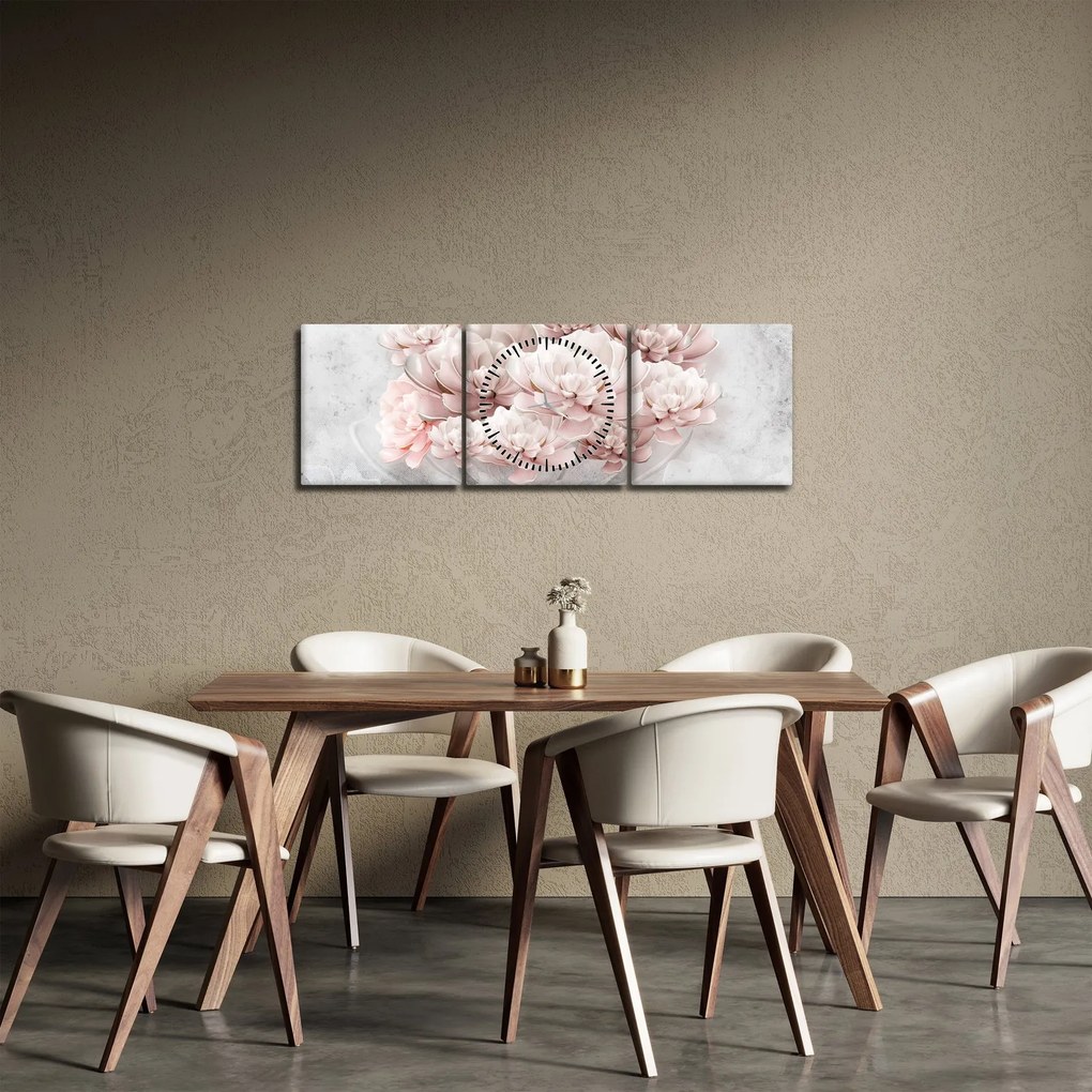 Tablou - Flori roz pe perete (cu ceas) (90x30 cm)
