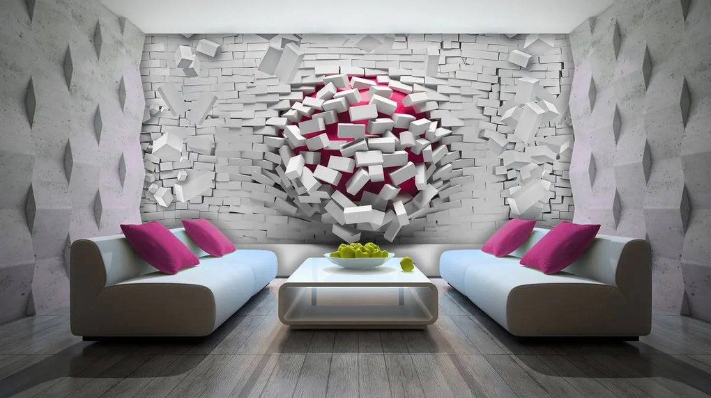 Fototapet - 3D minge cu perete alb din cărămizi (152,5x104 cm)