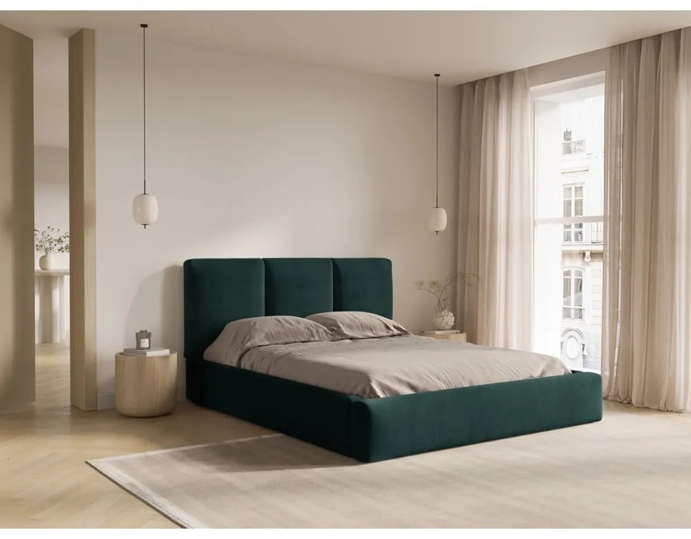 Pat matrimonial verde închis tapițat cu spațiu de depozitare și somieră 180x200 cm Brody – Mazzini Beds