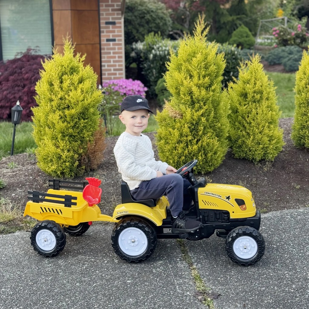 HOMCOM Tractor de Pedalat pentru Copii de 3+ Ani cu Remorcă, Greblă, Lopată și Claxon, 133x42x51 cm, Galben | Aosom Romania