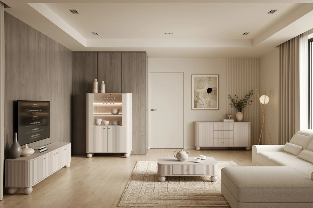 Vitrină cu patru uși Vesper 103 cm - cașmir / mânere aurii / picioare sferice