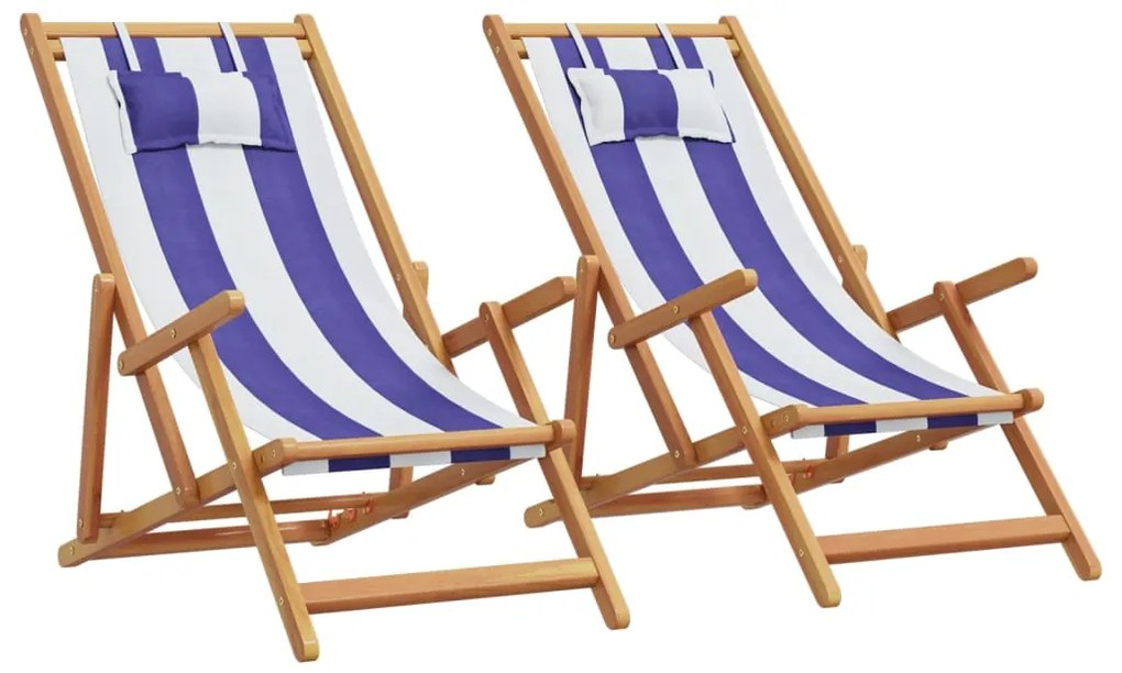 vidaXL Scaune plajă pliabile 2 buc. albastru/alb țesătură & lemn masiv