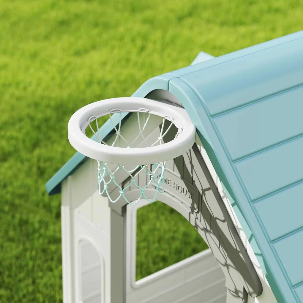 AIYAPLAY Căsuță de Joacă 5-în-1 pentru Copii, de Exterior și Interior, cu Coș de Baschet, Poartă de Fotbal, Tablă de Darts, Joc de Aruncare a Inelelor pentru Copii 2-5 Ani, Bej | Aosom Romania