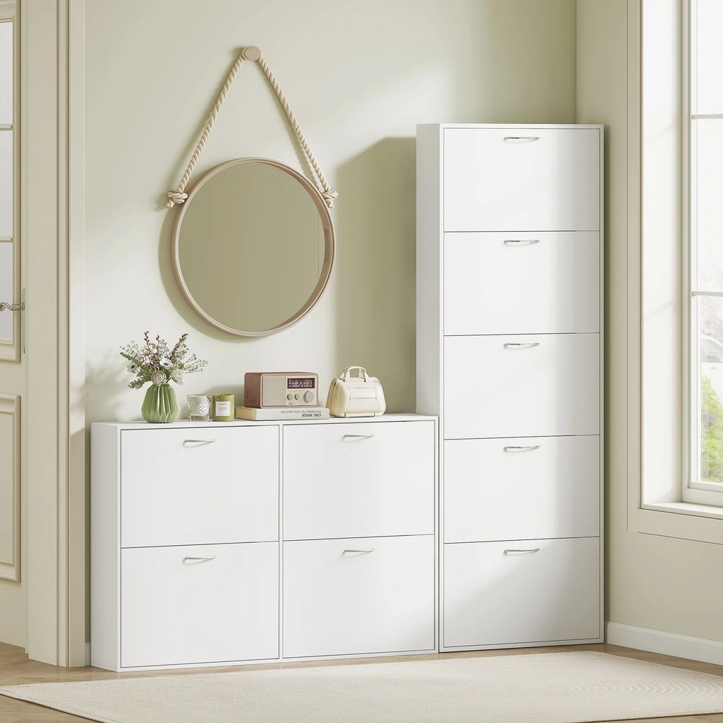 HOMCOM Dulap pentru Pantofi Subțire cu 5 Uși 65x17x180,5 cm în Lemn Alb | Aosom Romania