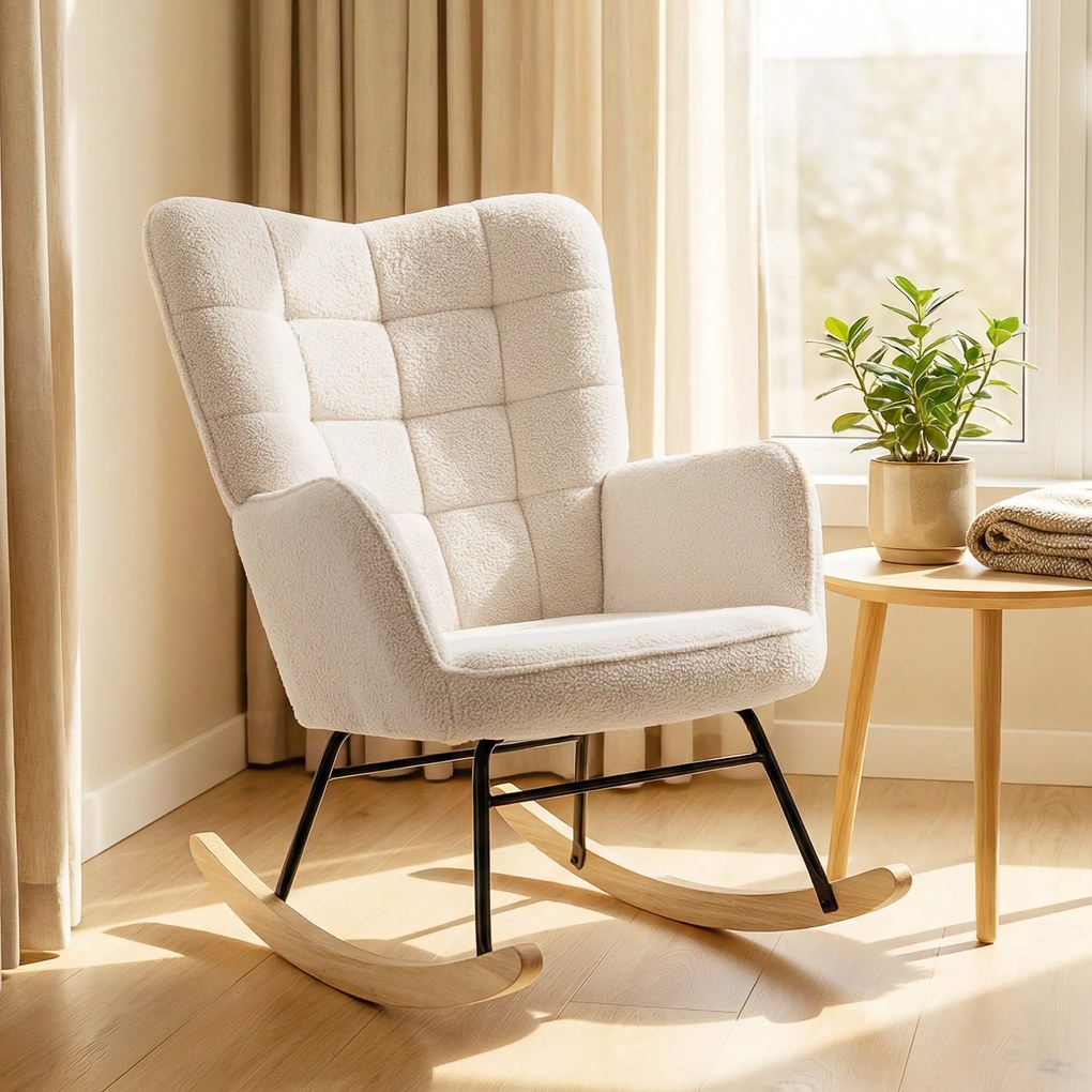 HOMCOM Balansoar Tapițat cu Cotiere, Fotoliu din Lemn și Oțel pentru Living și Dormitor, 71x92x101 cm, Bej