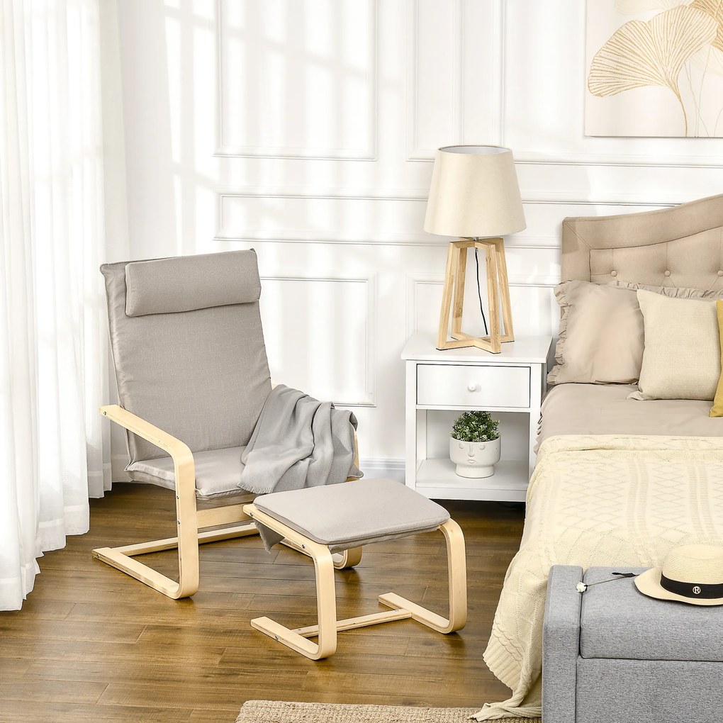 Fotoliu Relax cu suport pentru picioare, fotoliu din lemn si tesatura cu efect de in cu perna pentru tetiera, 67x69x100cm, gri HOMCOM | Aosom Romania