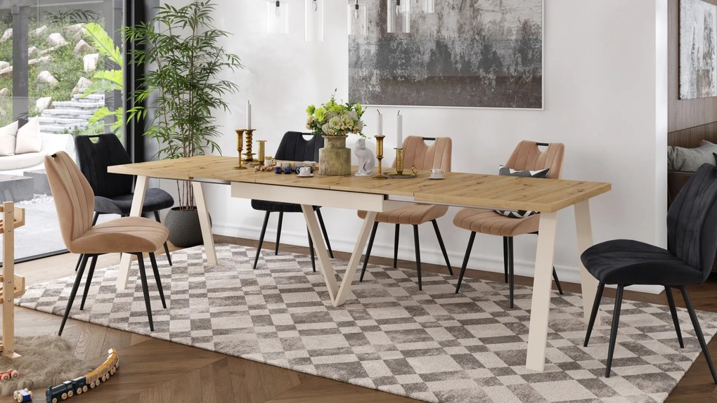 Mazzoni AVERY Stejar Artisan/picioare bej (sampanie) - MASĂ DE LOFT/INDUSTRIALĂ PENTRU SALON/SUFRAGERIE EXTENSIBILĂ - 2 MĂRIMI!