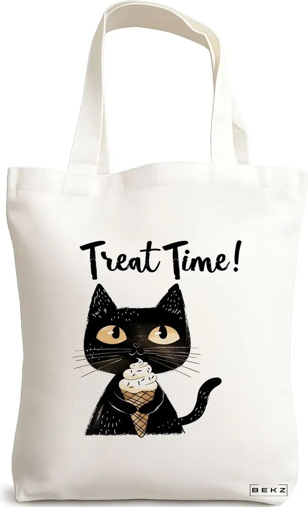 Sacosa de Panza pentru Cumparaturi, Geanta Tote, model Treat time 38 x 34.5 cm, Alba, BEKZ®