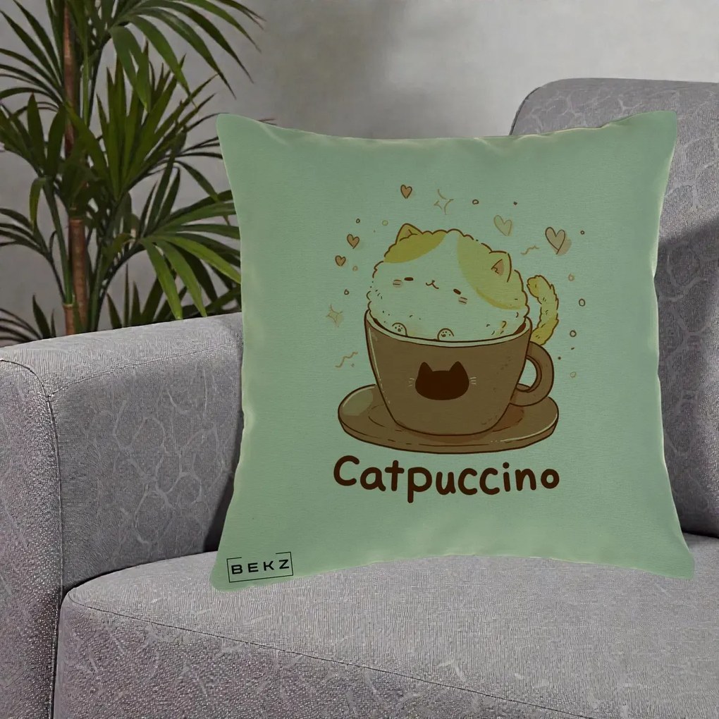 Perna Decorativa Catpuccino Pisica Cappuccino, 40x40 cm, Verde, Husa Detasabila, Perna Inclusa, BEKZ®