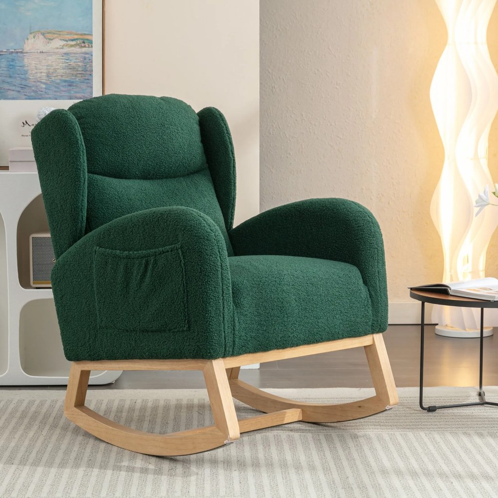 Scaun balansoar modern cu husă din material Teddy, fotoliu cu design ergonomic cu spătar înalt, pentru living și dormitor, 71x96,5x101 cm, Verde