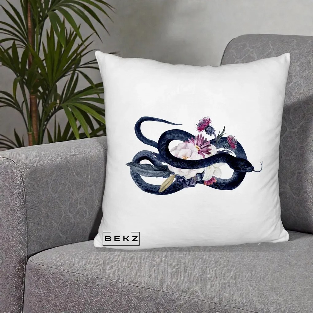 Perna Decorativa Sarpe Negru cu Flori Gothic, 40x40 cm, Alb Pufos, Husa Detasabila, Perna Inclusa, BEKZ®