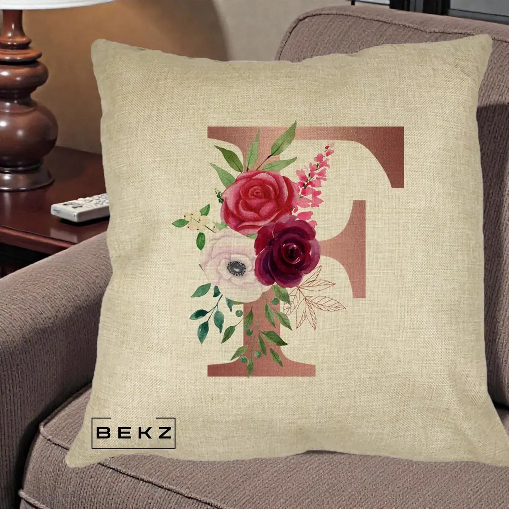 Cadou Personalizat - Perna Personalizata Monograma Rose Gold Litera F, 40x40 cm, Crem, Husa Detasabila, Perna Inclusa, BEKZ®