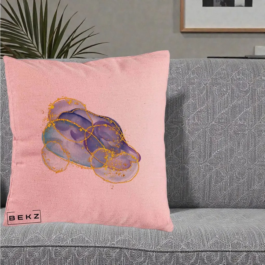 Perna Decorativa Abstract Acuarela Albastru-Mov cu Cercuri Aurii, 40x40 cm, Roz, Husa Detasabila, Perna Inclusa, BEKZ®