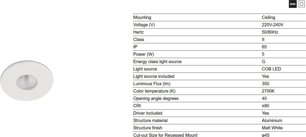 Spot LED baie incastrabil tavan IP65 TAST R alb