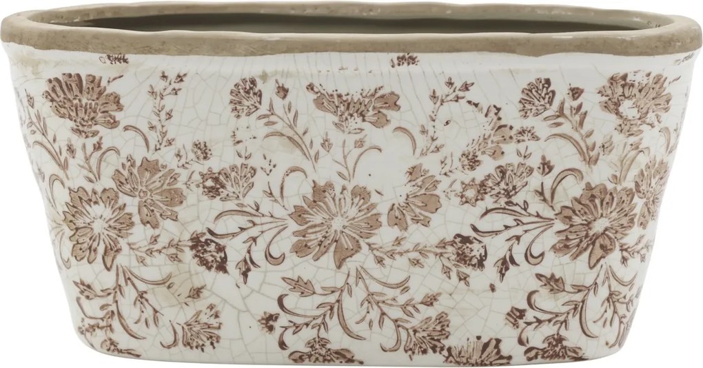 Ghiveci decorativ alb din ceramică pictată manual, cu motiv floral natur, 13x22,5x10 cm, „Grenoble"