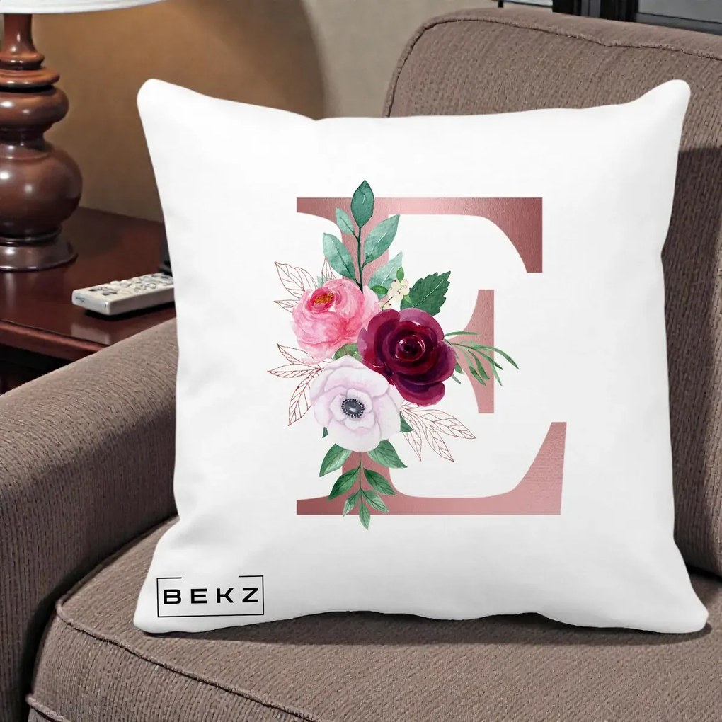 Cadou Personalizat - Perna Personalizata Monograma Rose Gold Litera E, 40x40 cm, Alba Mata, Husa Detasabila, Perna Inclusa, BEKZ®