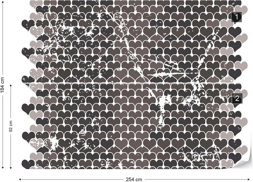 GLIX Fototapet - Retro Hearts Pattern Black And White Vliesová tapeta  - 254x184 cm
