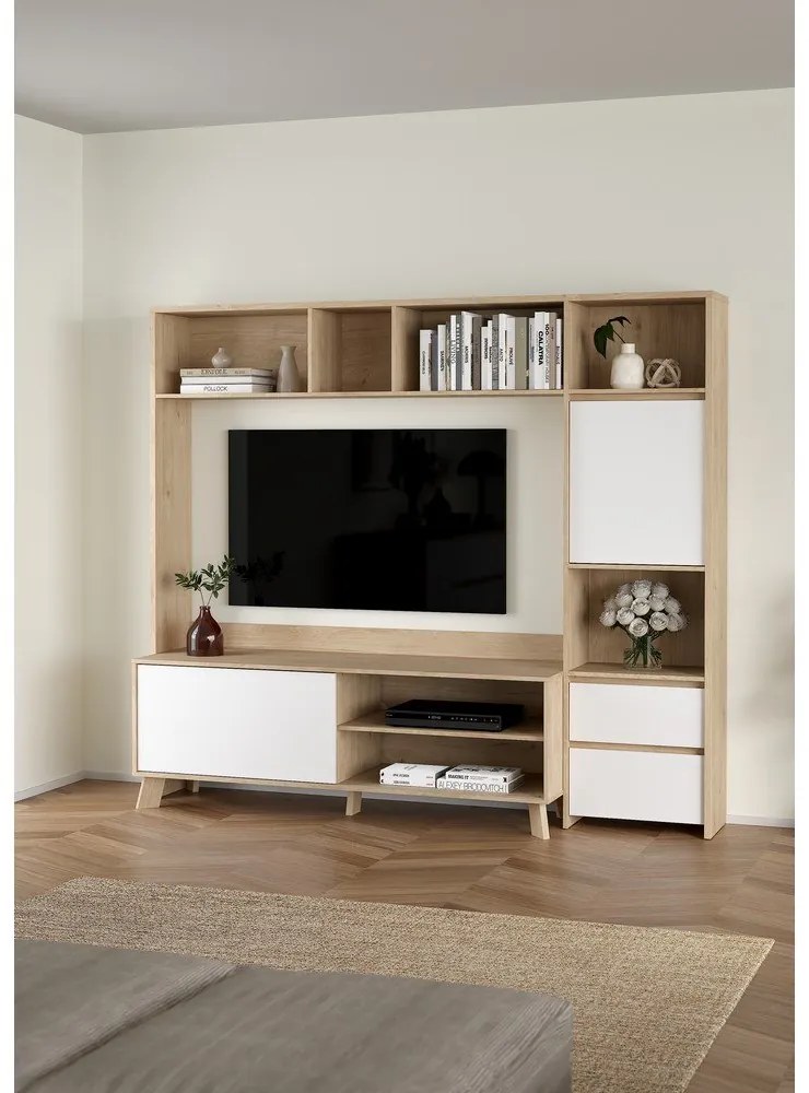 Set TV alb-în culoare naturală cu aspect de lemn de stejar 209x183x48 cm Next – Tvilum