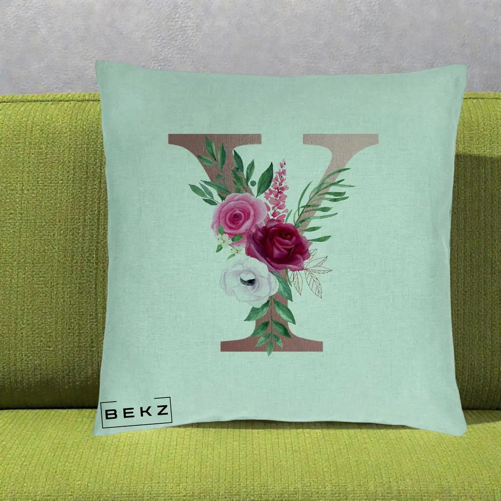 Cadou Personalizat - Perna Personalizata Monograma Rose Gold Litera Y, 40x40 cm, Verde Menta, Husa Detasabila, Perna Inclusa, BEKZ®