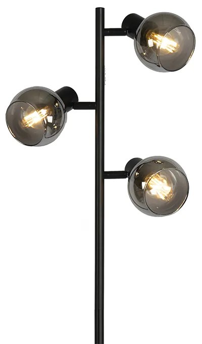 Lampă de podea Art Deco neagră cu 3 lumini cu sticlă fumurie - Vidro