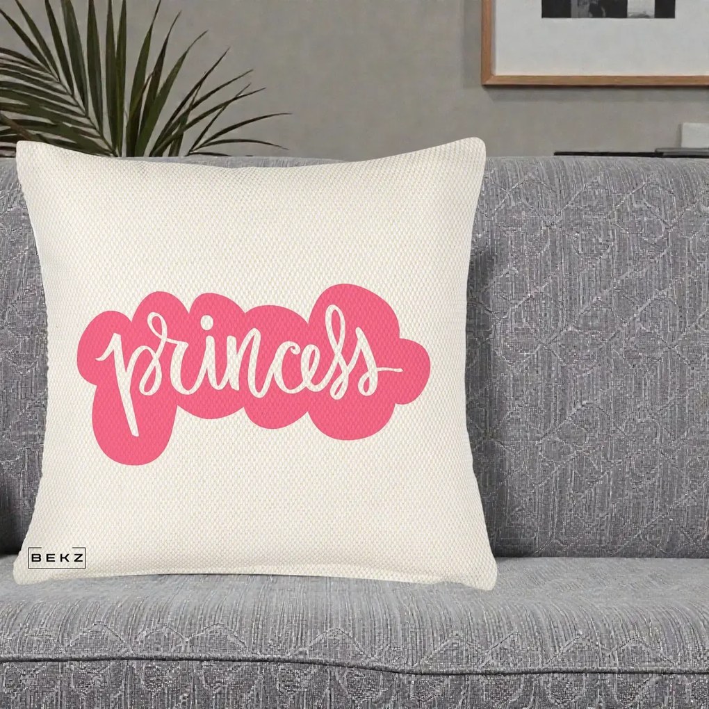 Perna Decorativa Princess Text Roz, 40x40 cm, Crem Reliefat, Husa Detasabila, Perna Inclusa, BEKZ®
