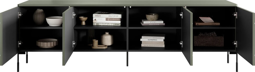 Comodă TV Sonatia 200 cm cu patru uși pe picioare metalice - verde măsliniu