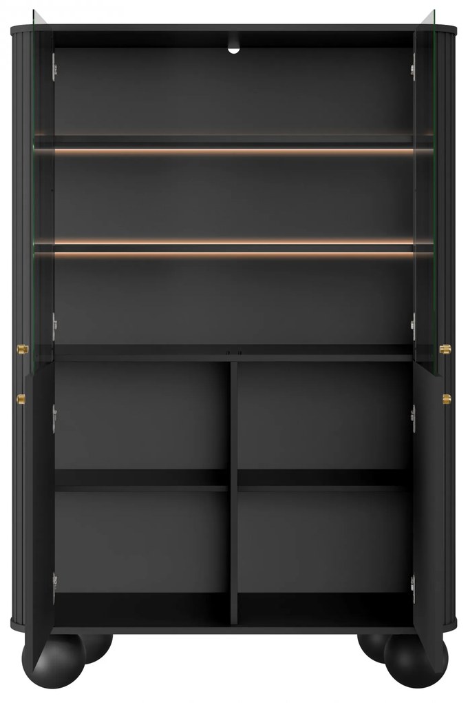 Vitrină Vesper 103 cm cu 4 uși - negru / mânere aurii / picioare sferice