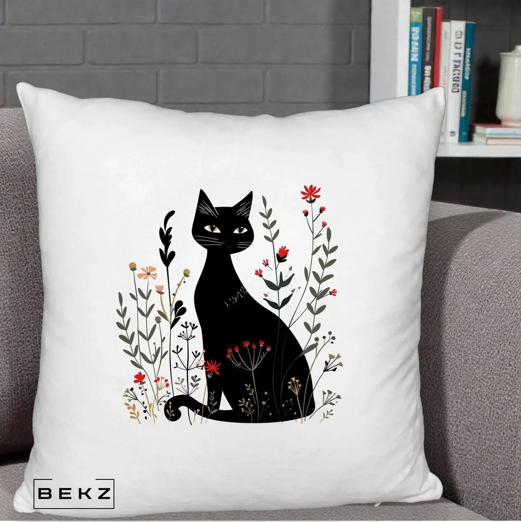 Perna Decorativa Pisica Neagra Botanica Rosu-Gri, 40x40 cm, Alb Pufos, Husa Detasabila, Perna Inclusa, BEKZ®