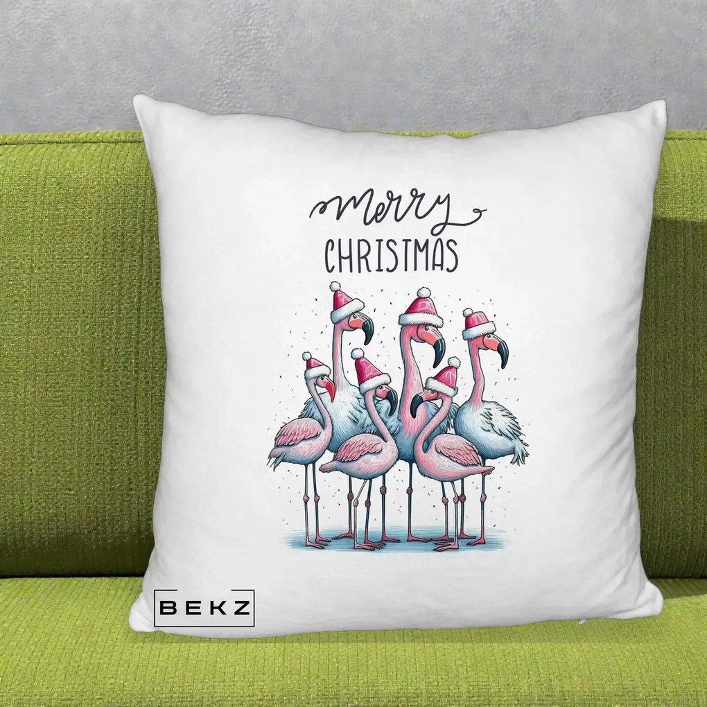 Perna Decorativa Flamingo Merry Christmas, 40x40 cm, Alb Pufos, Husa Detasabila, Perna Inclusa, BEKZ®