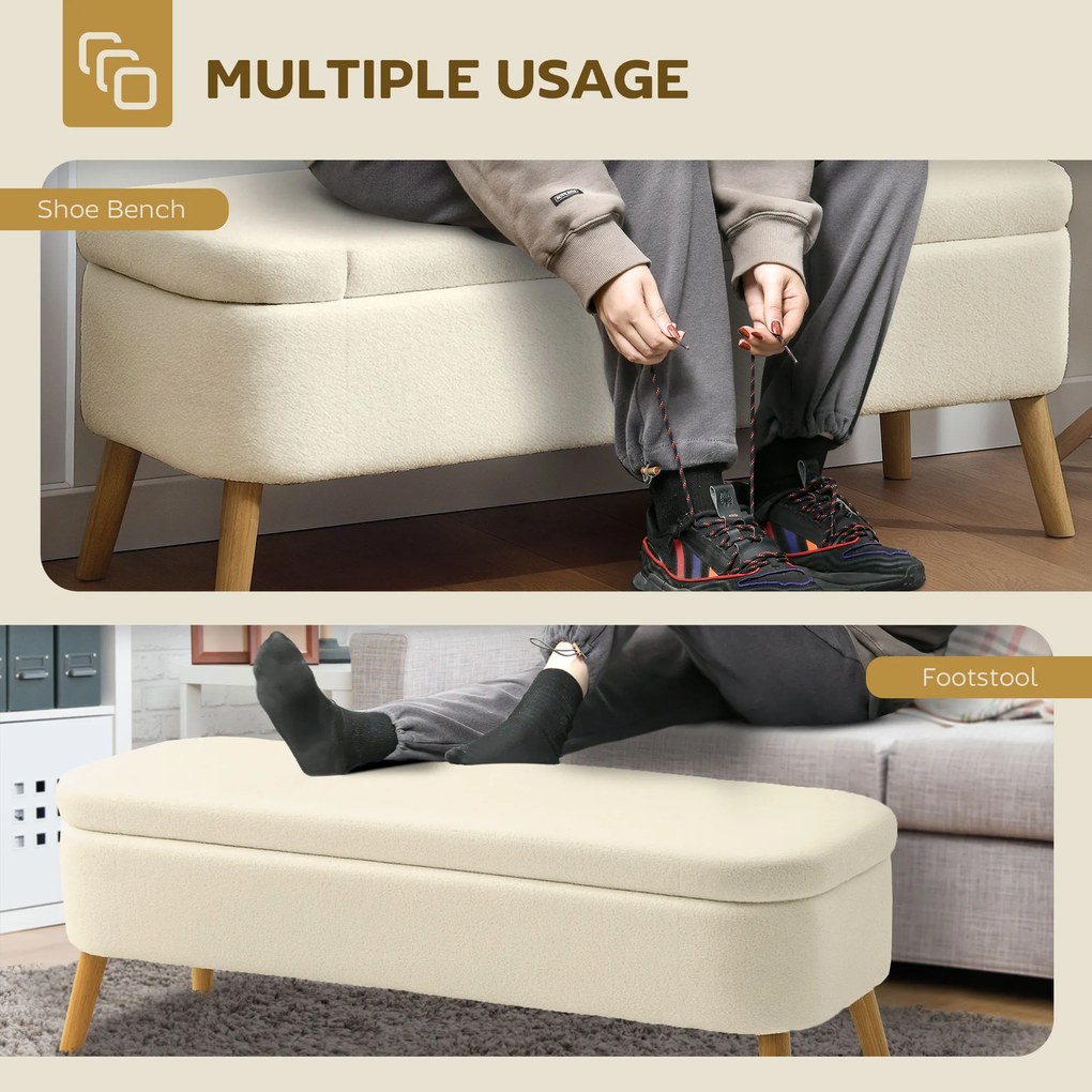 HOMCOM Banca de Depozitare de 65L din Material Teddy și Lemn, 120x42x45 cm, Bej | Aosom Romania